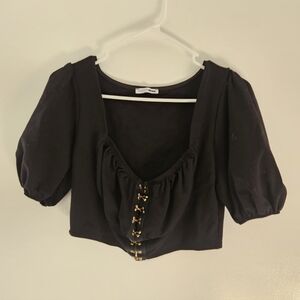 Fashion Nova Black Puff Sleeve Blouse with Gold Accents